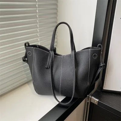 Women Fashion Casual Solid Color Litchi Pattern PU Tote Bag Medium Soft