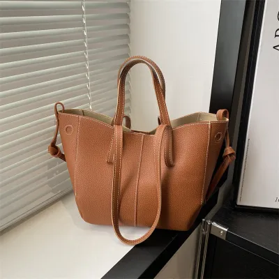 Women Fashion Casual Solid Color Litchi Pattern Tote Bag