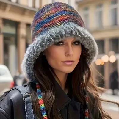Women Autumn Winter Rainbow Knitted Hat Plush Beanie