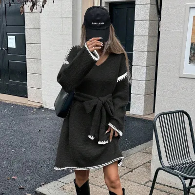 Women Fashion Casual Autumn Contrast Color V-Neck Long Sleeve Loose Knitted Dress