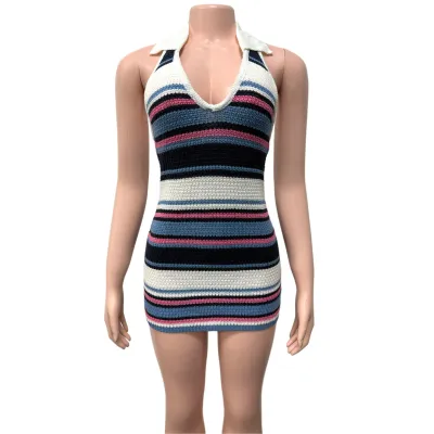 Women Sexy Striped Halter-Neck V-Neck Sleeveless Slim Fit Knitted Dress
