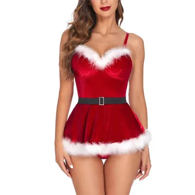 Women Sexy Christmas Plush Gold Velvet One-Piece Lingerie Tights