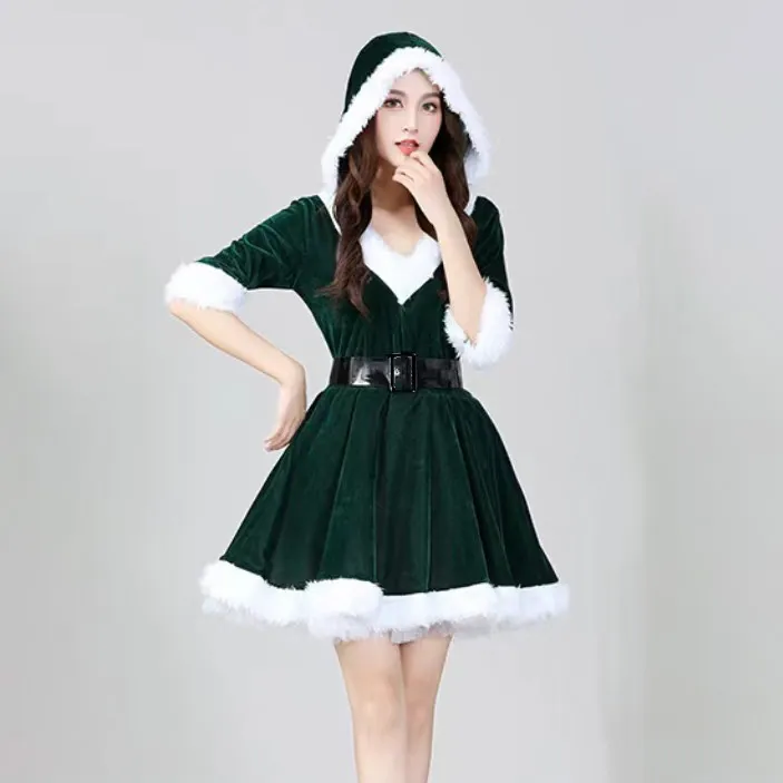 Women Christmas V-Neck Short-Sleeve Loose Gold Velvet Hoodies Dress