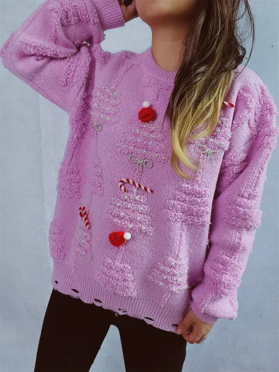 Women's Casual Christmas Imitation Pearl Decor Long-Sleeve Knitted Sweater