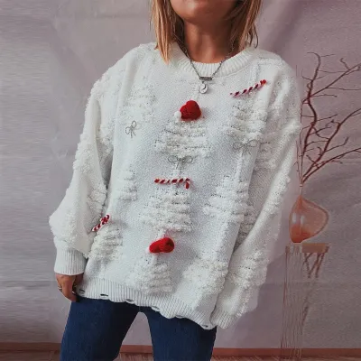 Women's Casual Christmas Imitation Pearl Decor Long-Sleeve Knitted Sweater