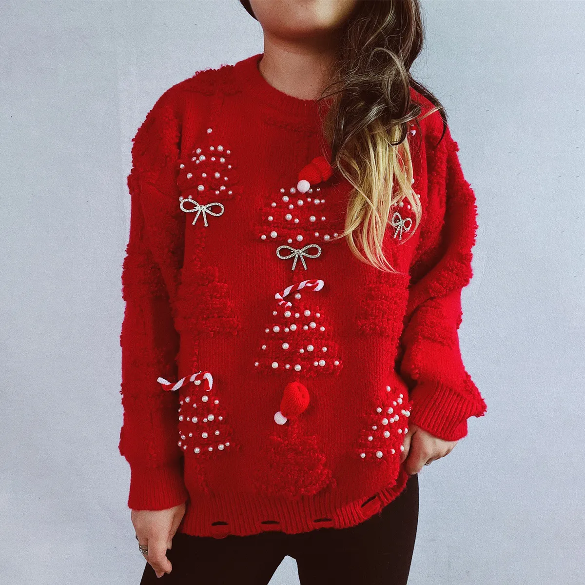 Women's Casual Christmas Imitation Pearl Decor Long-Sleeve Knitted Sweater