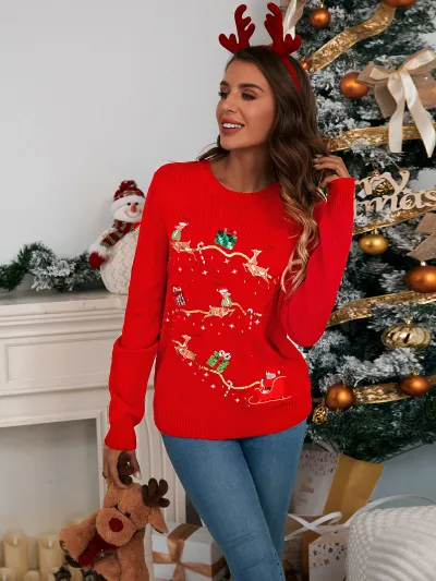 Women Fashion Casual Christmas Deer Embroidered Round Neck Long Sleeve Knitted Sweater