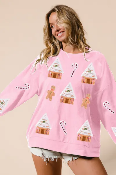 Women's Christmas Sequin Snowhouse Gingerbread Man Crewneck Long Sleeve Loose Sweatshirt