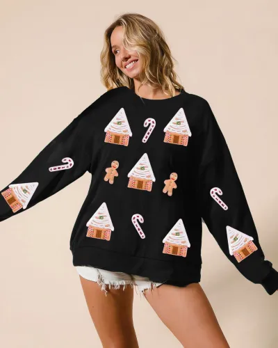 Women's Christmas Sequin Snowhouse Gingerbread Man Crewneck Long Sleeve Loose Sweatshirt