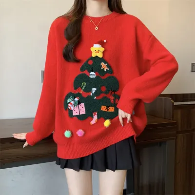 Women Fashion Casual Red Christmas Crewneck Long-Sleeve Knitted Sweater