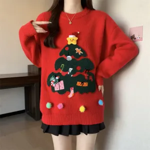 Women Fashion Casual Red Christmas Crewneck Long-Sleeve Knitted Sweater
