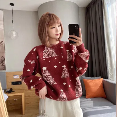 Women's Christmas Tree Pattern Knit Sweater Long Sleeve Loose Crewneck Party