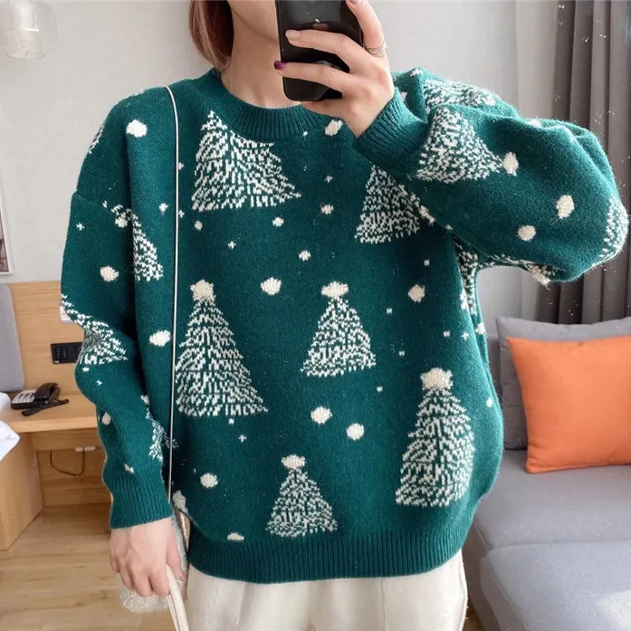 Women's Christmas Tree Pattern Knit Sweater Long Sleeve Loose Crewneck Party