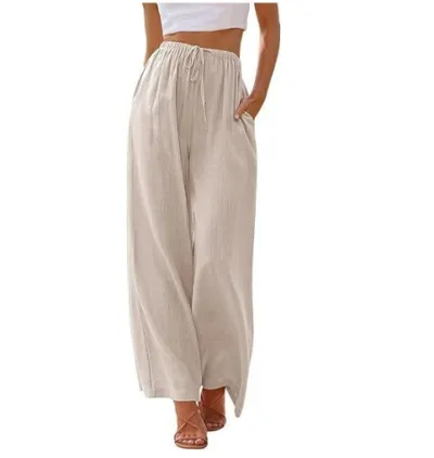 Women Casual Cotton Linen Solid Color Drawstring Wide Leg Pants