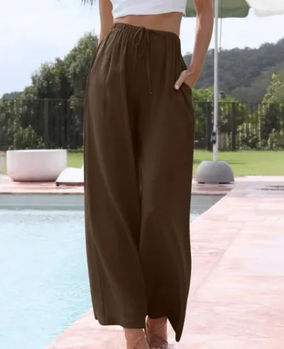 Women Casual Cotton Linen Solid Color Drawstring Wide Leg Pants