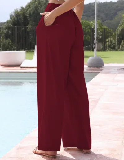 Women Casual Cotton Linen Solid Color Drawstring Wide Leg Pants