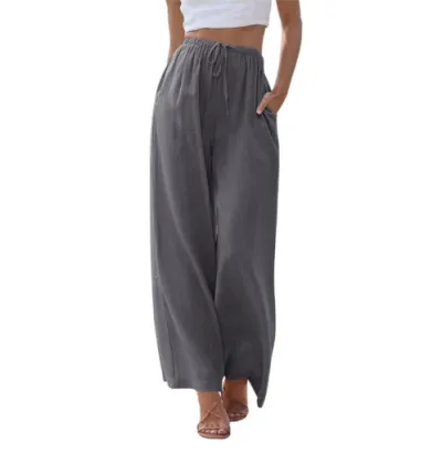 Women Casual Cotton Linen Solid Color Drawstring Wide Leg Pants