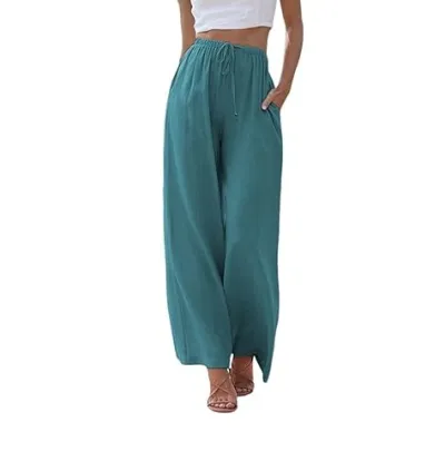 Women Casual Cotton Linen Solid Color Drawstring Wide Leg Pants