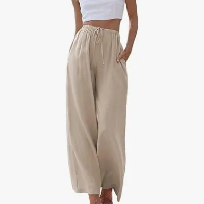 Women Casual Cotton Linen Solid Color Drawstring Wide Leg Pants
