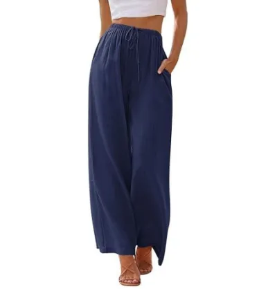 Women Casual Cotton Linen Solid Color Drawstring Wide Leg Pants