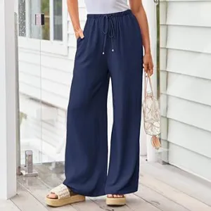 Women Casual Cotton Linen Solid Color Drawstring Wide Leg Pants