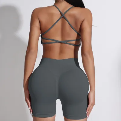 Women Sexy Solid Color Seamless Backless Bra Tight Shorts Sports Yoga Two-Piece Set