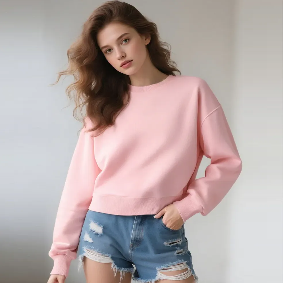 Women Casual 350Gsm 100% Cotton Crewneck Long Sleeve Sweatshirt