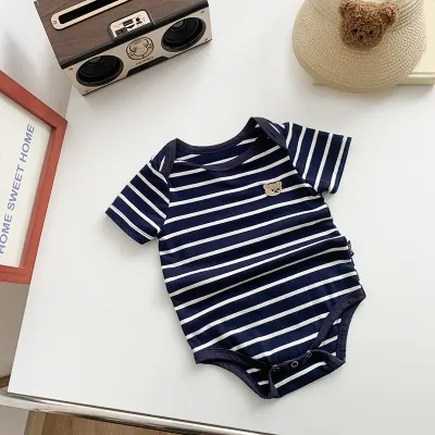 Kids Baby Boys Cute Bear Print Cotton Thin Short Sleeve Triangle Climb Jumpsuits