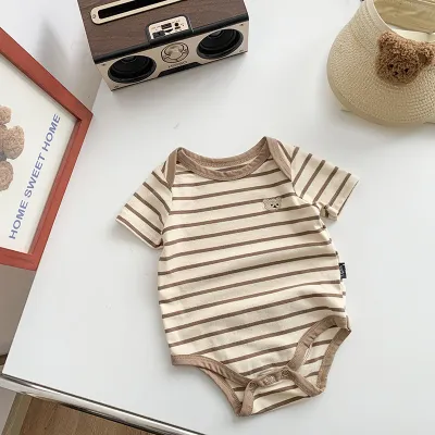 Kids Baby Boys Cute Bear Print Cotton Thin Short Sleeve Triangle Climb Jumpsuits