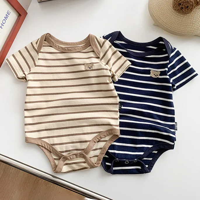 Kids Baby Boys Cute Bear Print Cotton Thin Short Sleeve Triangle Climb Jumpsuits