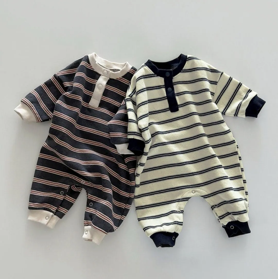 Kids Baby Boys Fashion Casual Spring Autumn Stripe Long-Sleeve Cotton Jumpsuit Pullover