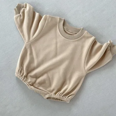 Kids Baby Boys and Girls Fashion Solid Color Round-Neck Long-Sleeve Terry Cotton Rompers