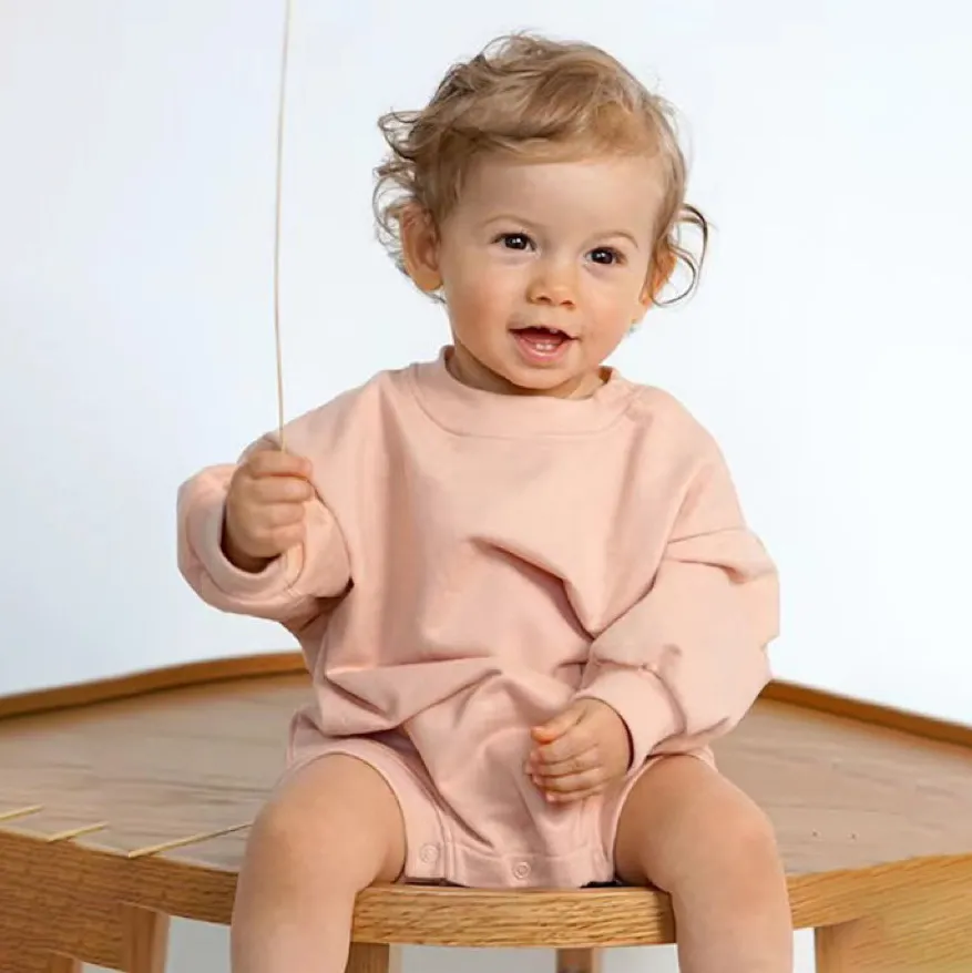 Kids Baby Boys and Girls Fashion Solid Color Round-Neck Long-Sleeve Terry Cotton Rompers