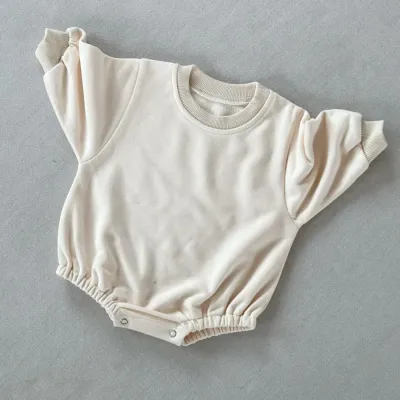 Kids Baby Boys and Girls Fashion Solid Color Round-Neck Long-Sleeve Terry Cotton Rompers