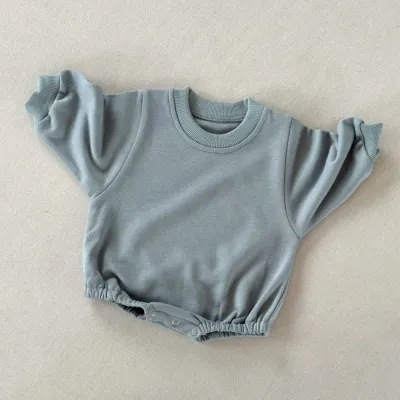 Kids Baby Boys and Girls Fashion Solid Color Round-Neck Long-Sleeve Terry Cotton Rompers