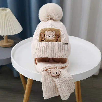 Kids Knitted Letter Embroidered Hat and Scarf Two-Piece Set for Autumn Winter
