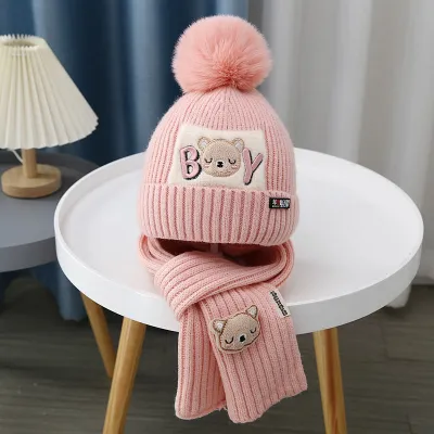 Kids Knitted Letter Embroidered Hat and Scarf Two-Piece Set for Autumn Winter