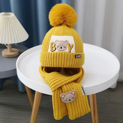 Kids Knitted Letter Embroidered Hat and Scarf Two-Piece Set for Autumn Winter