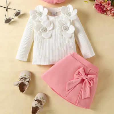 Kids Girls Fashion Cute Floral Long-Sleeve Top Bowknot Skirts Two-Piece Set