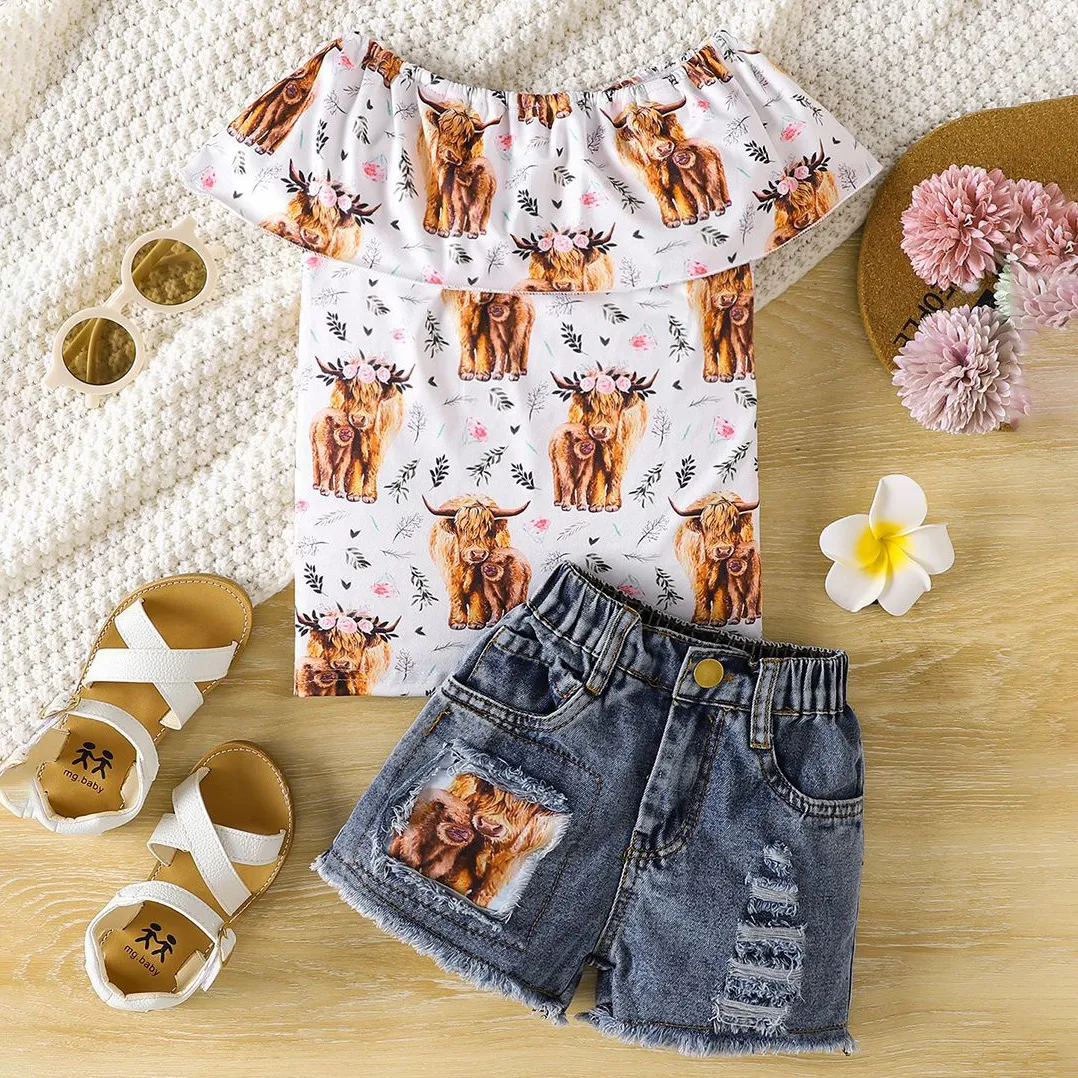 Kids Girls Fashion Print Ruffled T-Shirt Denim Shorts Two-Piece Set Sleeveless Summer Outfit