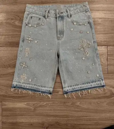 Men Fashion Hip-Hop Rhinestone Straight Denim Shorts