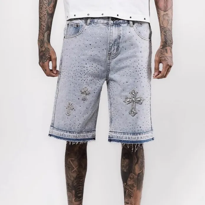 Men Fashion Hip-Hop Rhinestone Straight Denim Shorts
