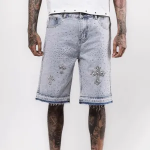 Men Fashion Hip-Hop Rhinestone Straight Denim Shorts
