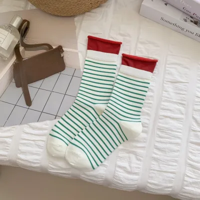 Women Fashion Autumn Stripe Contrast Breathable Cotton Tube Socks