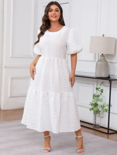 Women Fashion Casual Plus Size Boho Solid Color Puff Sleeve Layered Loose Dress