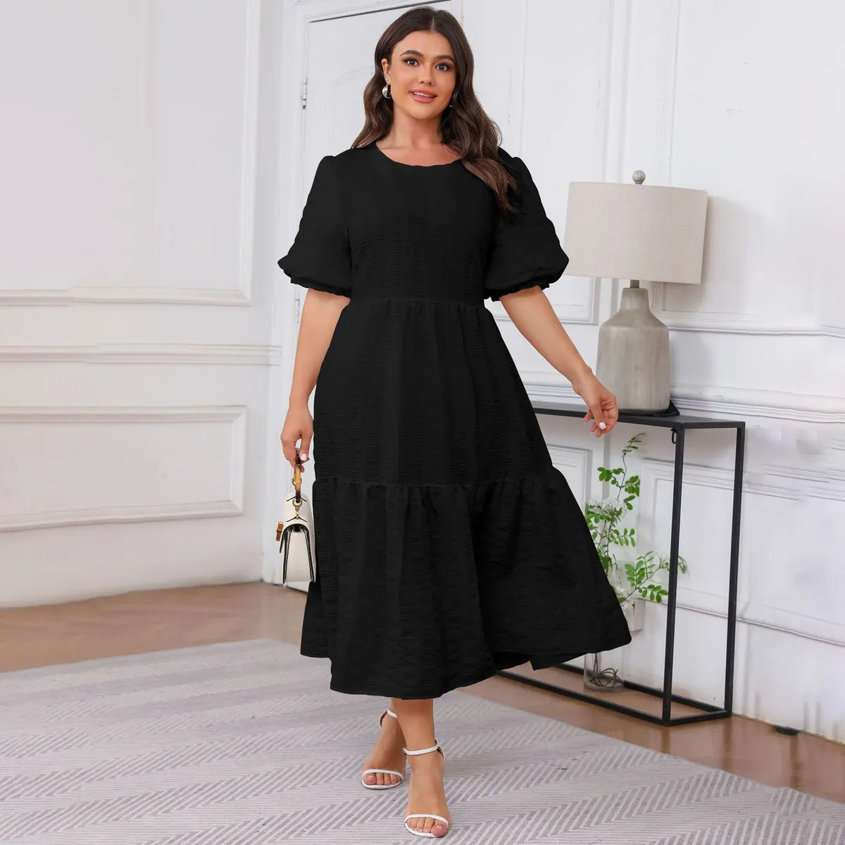 Women Fashion Casual Plus Size Boho Solid Color Puff Sleeve Layered Loose Dress