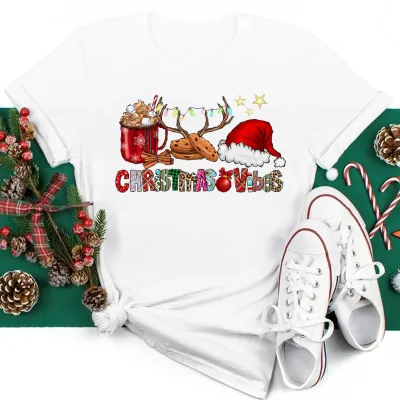 Women's Fashion Casual Santa Claus Printed Short-Sleeve T-Shirt for Party Christmas