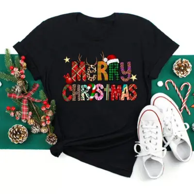 Women's Fashion Casual Santa Claus Printed Short-Sleeve T-Shirt for Party Christmas