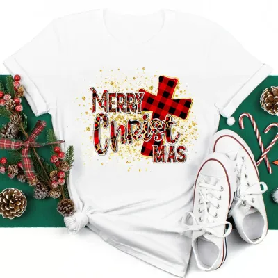 Women's Fashion Casual Santa Claus Printed Short-Sleeve T-Shirt for Party Christmas