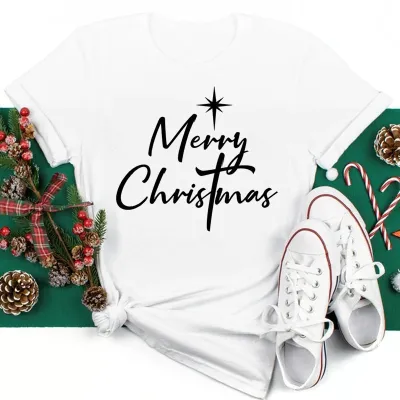 Women's Fashion Casual Santa Claus Printed Short-Sleeve T-Shirt for Party Christmas